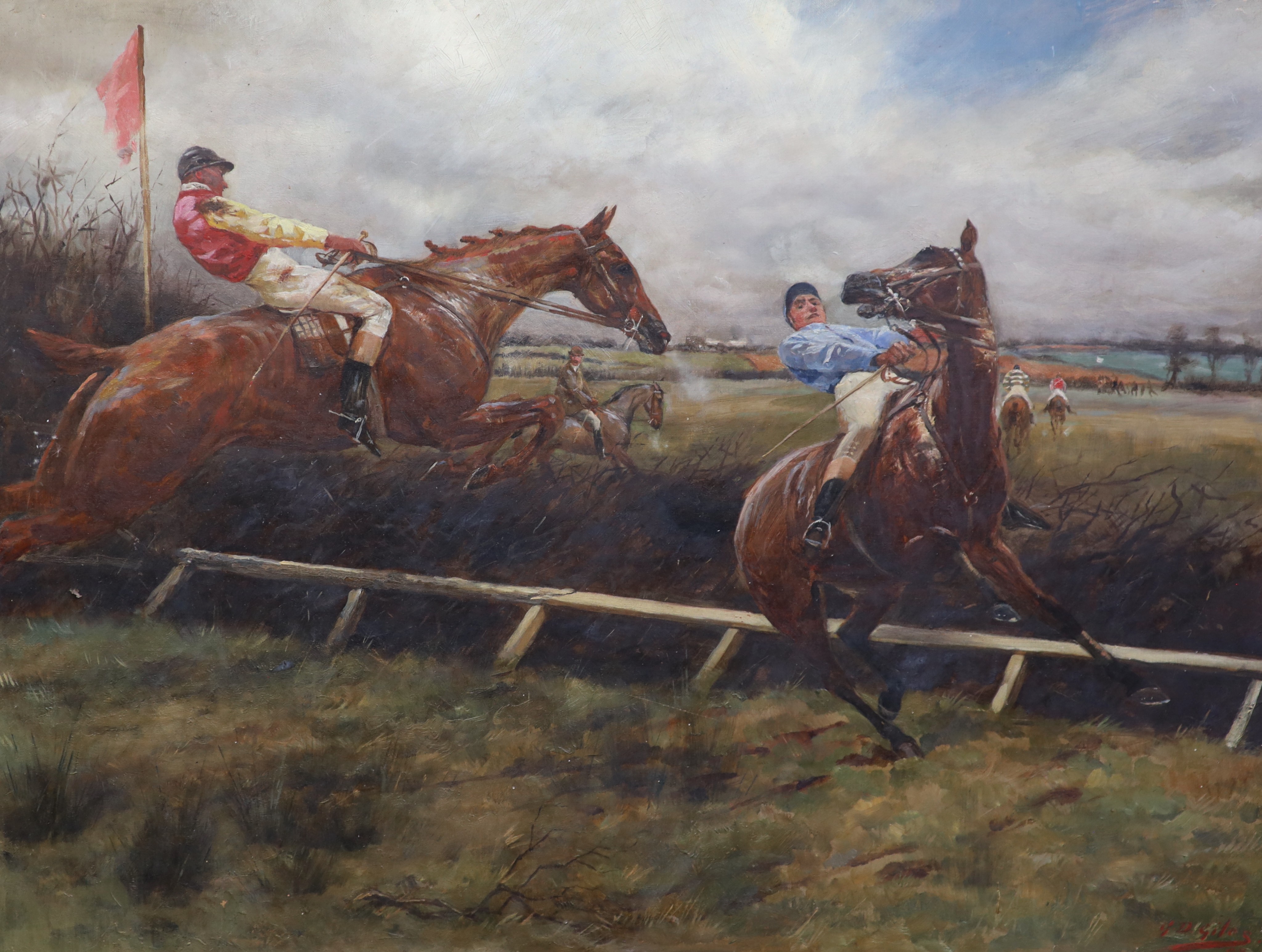 George Denholm Miles (1864–1949), Racehorses taking a jump, oil on canvas, 56 x 75cm